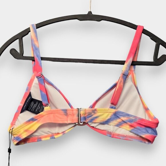 TOMMY HILFIGER Tie Dye Stretch Tie-Front Deep V Neck Bikini Top Hot Pink L NWT - Picture 2 of 10